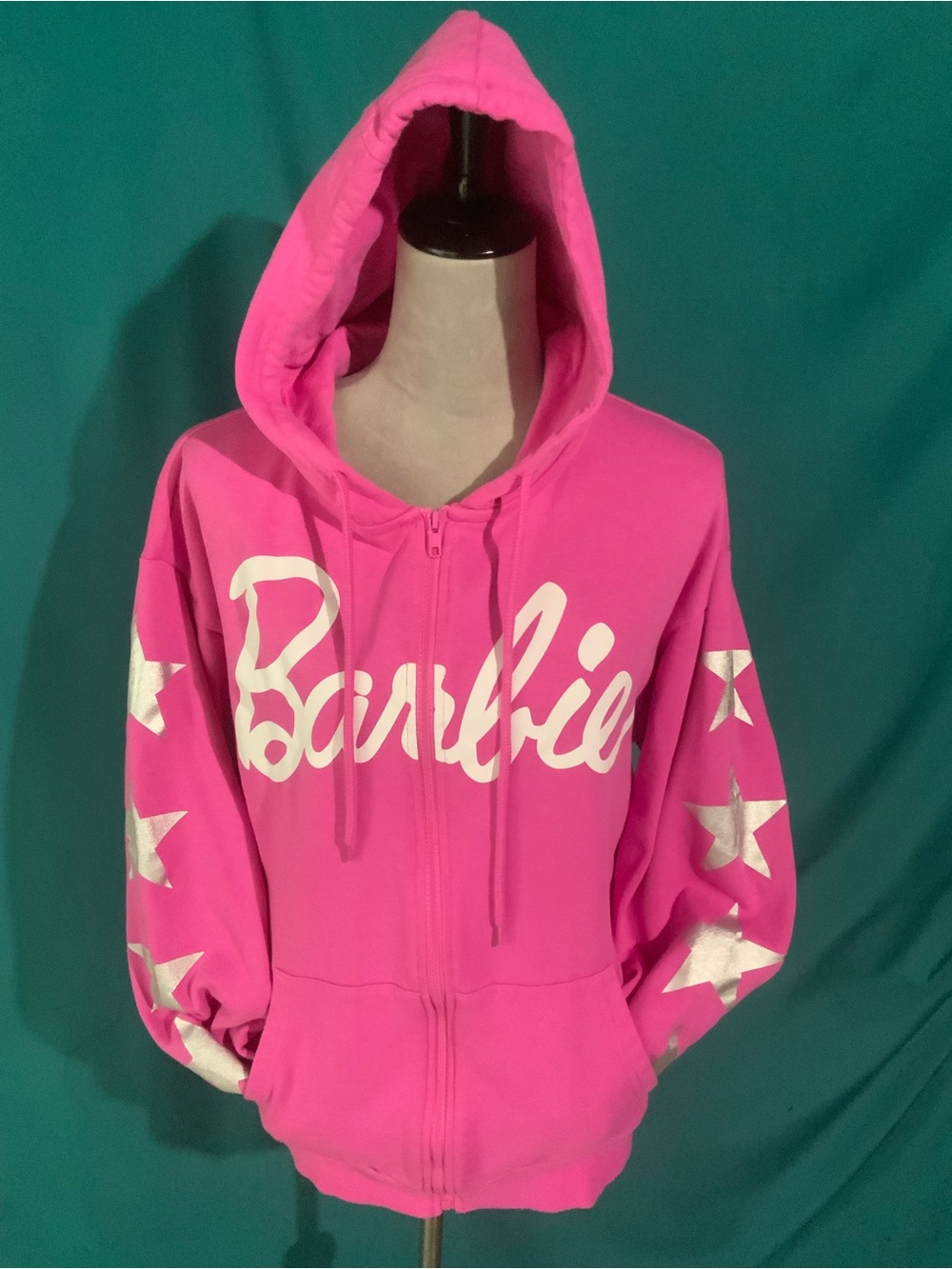 Barbie Hot Pink Zip-Up Hoodie with Silver Star Sleeves